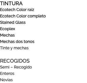 TINTURA Ecotech Color raíz Ecotech Color completo Stained Glass Ecoplex Mechas Mechas dos tonos Tinte y mechas RECOGIDOS Semi – Recogido Enteros Novias